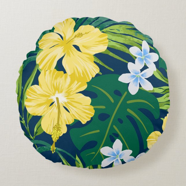 Luna Hibiscus Garden Hawaiian - Yellow and Navy Round Cushion (Front)