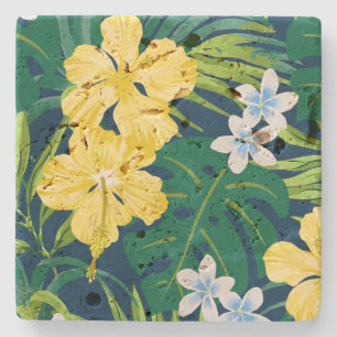 Luna Hibiscus Garden Hawaiian - Yellow and Navy Stone Coaster