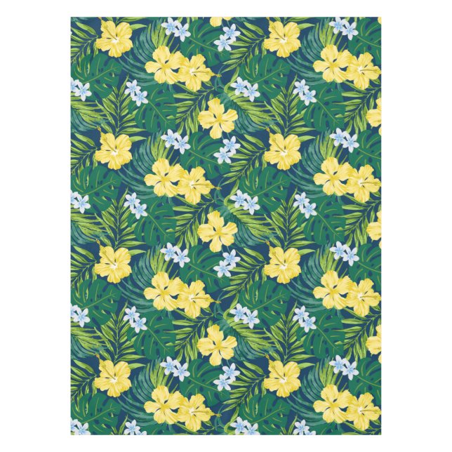 Luna Hibiscus Garden Hawaiian - Yellow and Navy Tablecloth (Front)