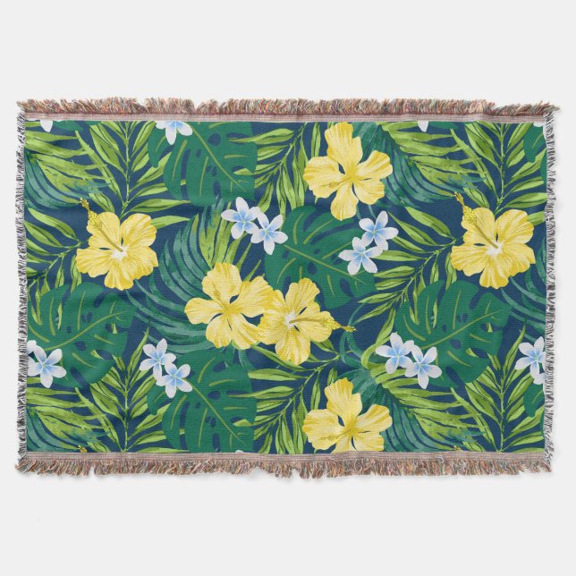Luna Hibiscus Garden Hawaiian - Yellow and Navy Throw Blanket (Front)