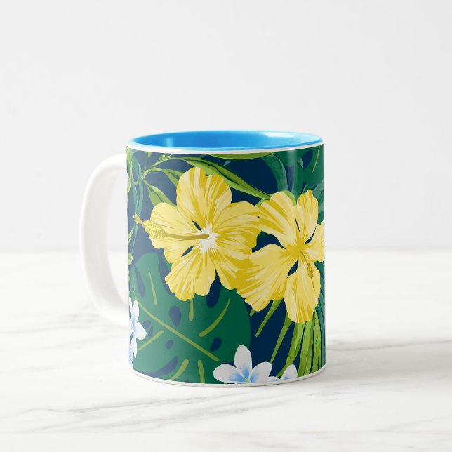 Luna Hibiscus Garden Hawaiian - Yellow and Navy Two-Tone Coffee Mug (Front Left)