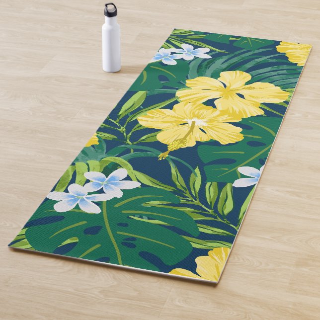 Luna Hibiscus Garden Hawaiian - Yellow and Navy Yoga Mat (In Situ)