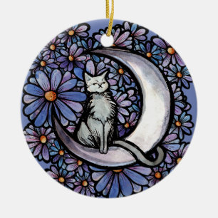 Luna Moon Cat Purple Daisy                         Ceramic Tree Decoration