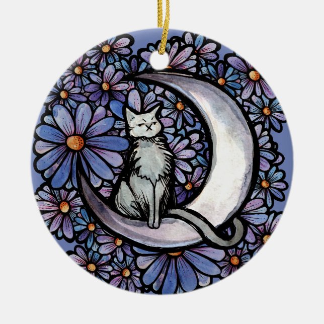 Luna Moon Cat Purple Daisy                         Ceramic Tree Decoration (Front)