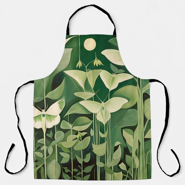 Luna Moth and flowers - Green and Cream Apron (Front)
