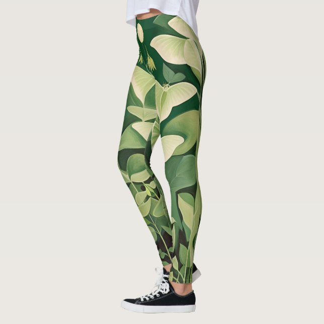 Luna Moth and flowers - Green and Cream Leggings (Left)