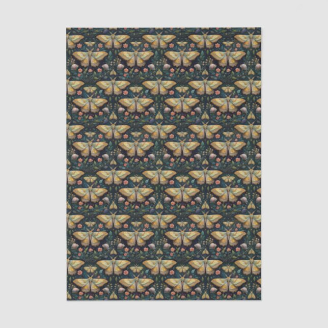 Luna Moth and Moon, Celestial Floral Linear Repeat Tissue Paper (Front)
