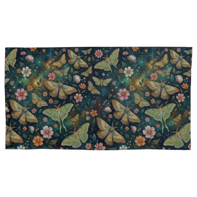 Luna Moth and Moon Phases, Starry Night Flowers Pillowcase (Front-Left)