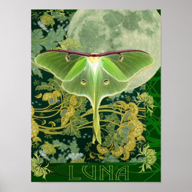 Luna Moth and Moon Poster, Green Nature Collage Po Poster (Front)