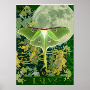 Luna Moth and Moon Poster, Green Nature Collage Poster