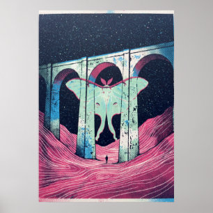 Luna Moth Aqueduct Pink Waves Surreal Art Poster