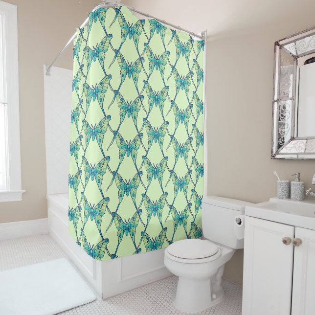 Luna moth butterfly insect blue green shower curtain (In Situ)