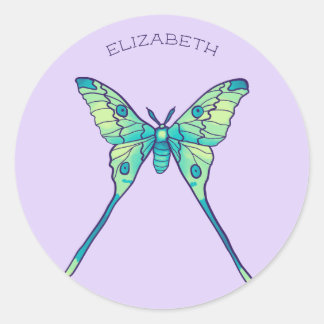 Luna moth butterfly insect green purple name classic round sticker