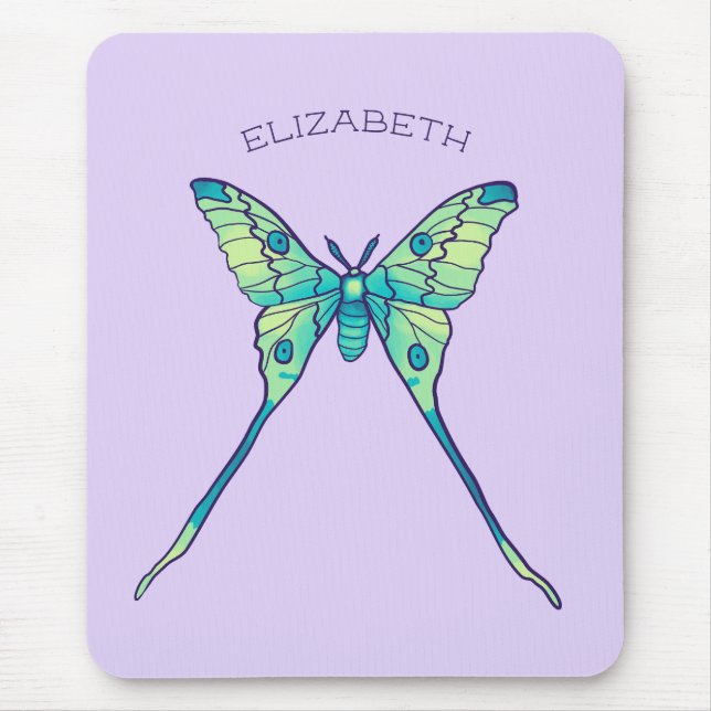 Luna moth butterfly insect green purple name mouse mat (Front)