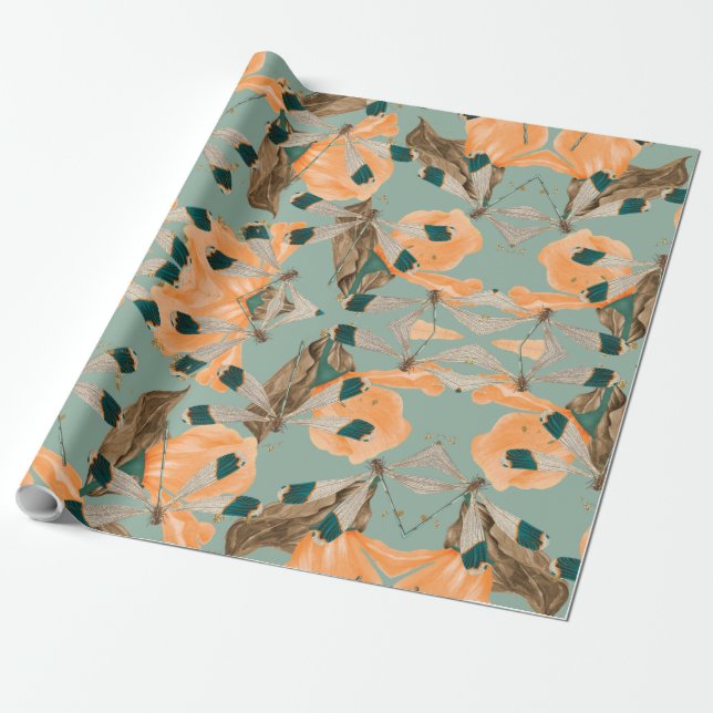 Luna moth butterfly pattern wrapping paper (Unrolled)