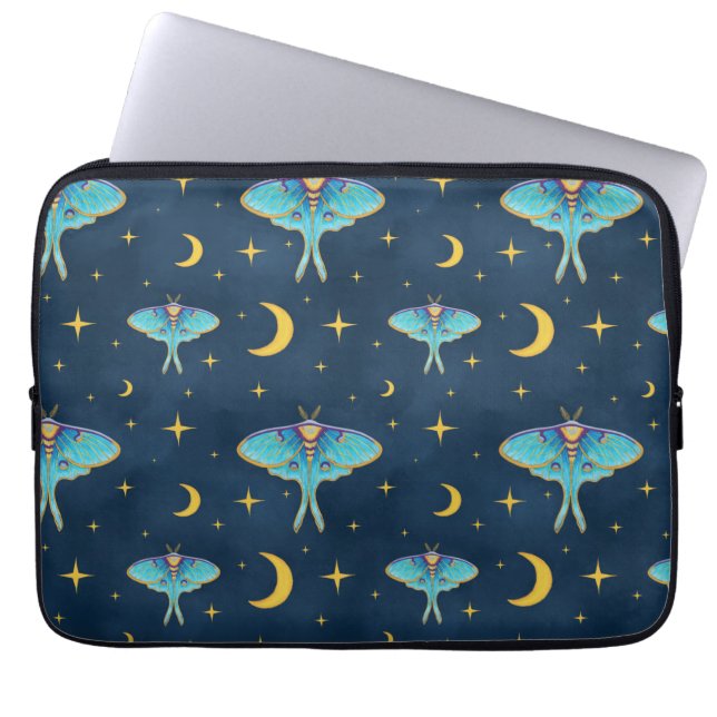Luna Moth Celestial Moons & Stars Navy Laptop Sleeve (Front)