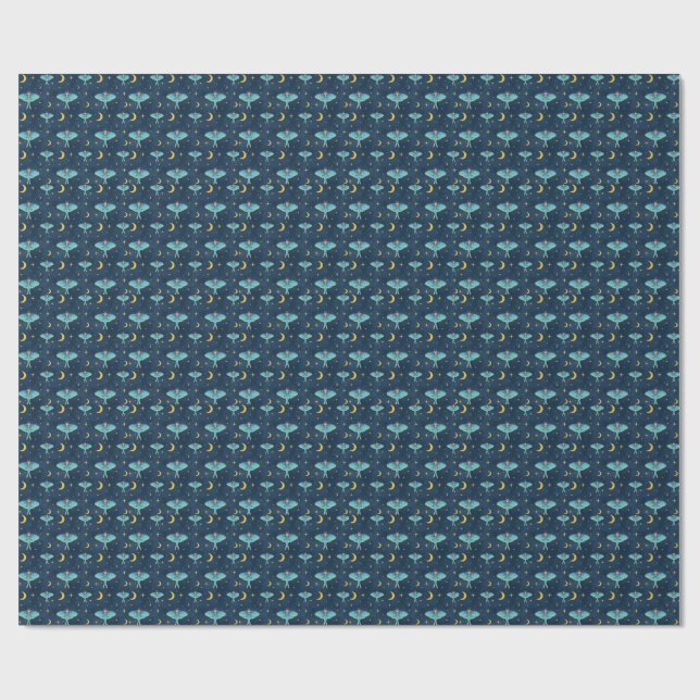Luna Moth Celestial Moons & Stars Navy Wrapping Paper (Flat)