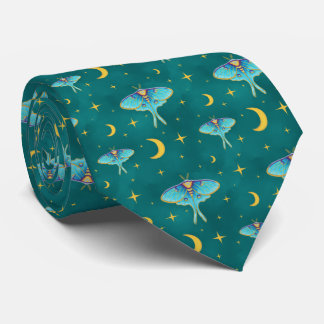 Luna Moth Celestial Moons & Stars Teal Tie