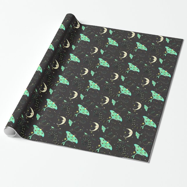 Luna Moth moon night sky wrapping paper (Unrolled)