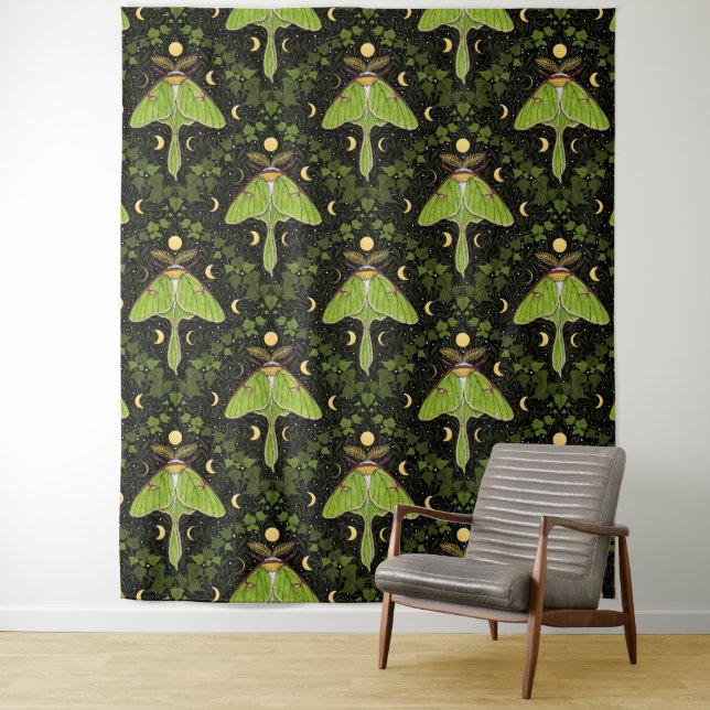 Luna moth, moon phases and ivy damask 2 tapestry (In Situ)