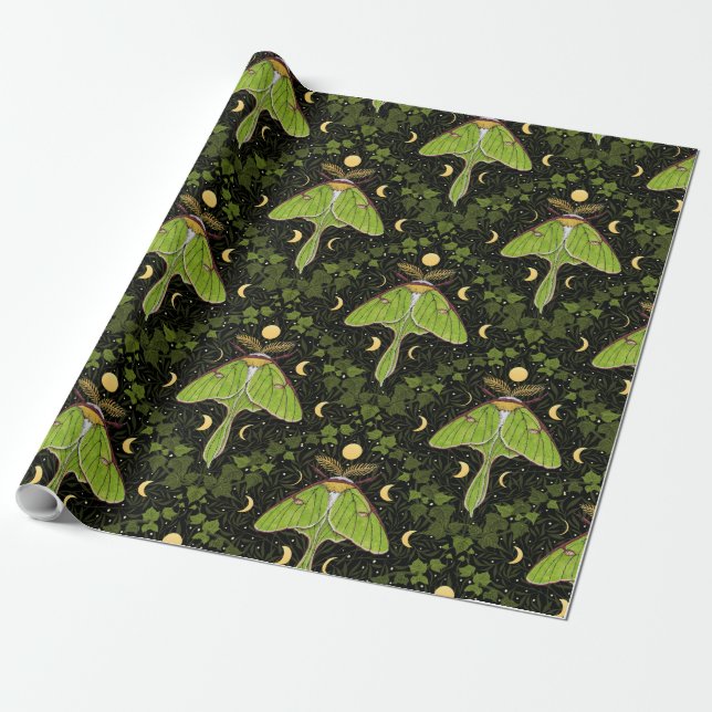Luna moth, moon phases and ivy damask 2 wrapping paper (Unrolled)
