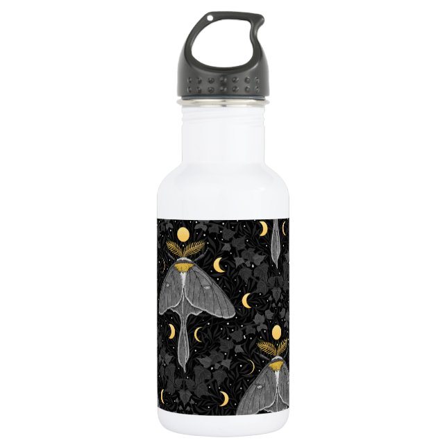 Luna moth, moon phases and ivy damask pattern 532 ml water bottle (Front)