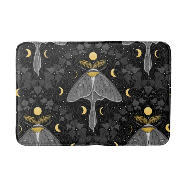 Luna moth, moon phases and ivy damask pattern bath mat (Front)