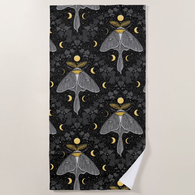 Luna moth, moon phases and ivy damask pattern beach towel (Front)