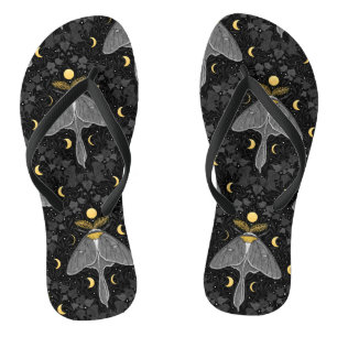 Luna moth, moon phases and ivy damask pattern flip flops