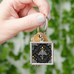 Luna moth, moon phases and ivy damask pattern key ring