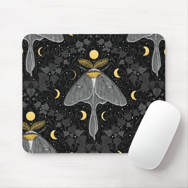 Luna moth, moon phases and ivy damask pattern mouse mat (With Mouse)