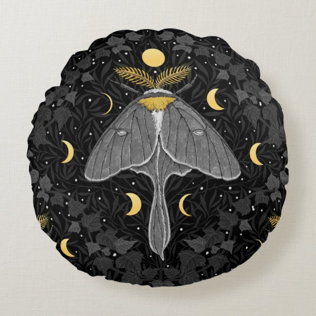 Luna moth, moon phases and ivy damask pattern round cushion (Front)