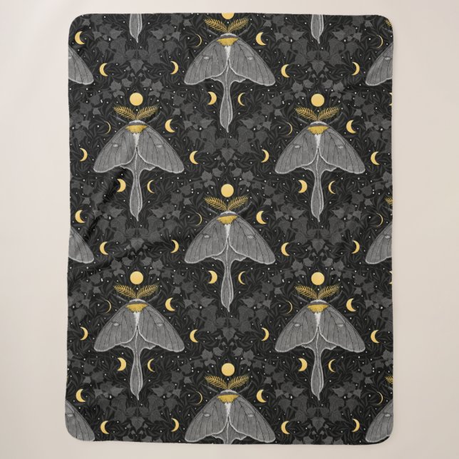 Luna moth, moon phases and ivy damask pattern sherpa blanket (Front)