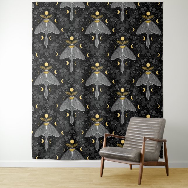 Luna moth, moon phases and ivy damask pattern tapestry (In Situ)