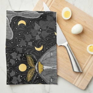 Luna moth, moon phases and ivy damask pattern tea towel