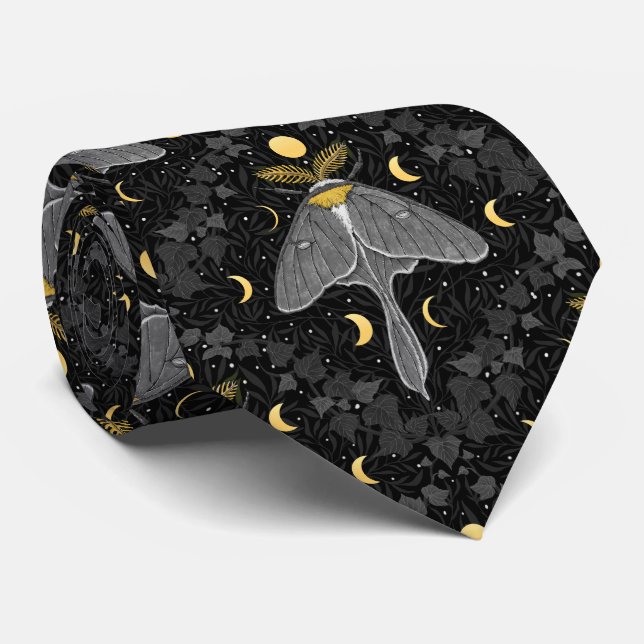 Luna moth, moon phases and ivy damask pattern tie (Rolled)