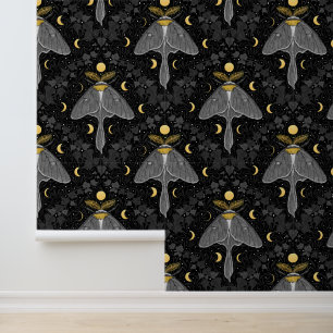 Luna moth, moon phases and ivy damask pattern wallpaper
