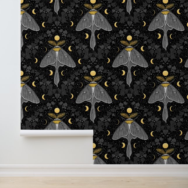 Luna moth, moon phases and ivy damask pattern wallpaper (Application)