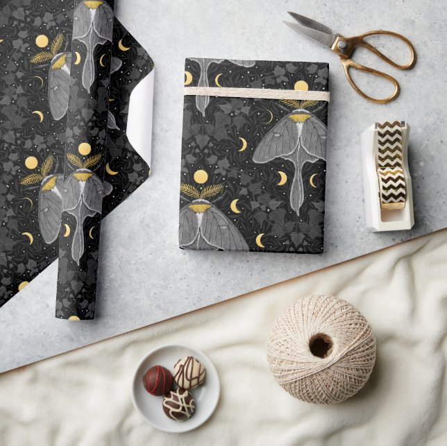 Luna moth, moon phases and ivy damask pattern wrapping paper (Crafts)