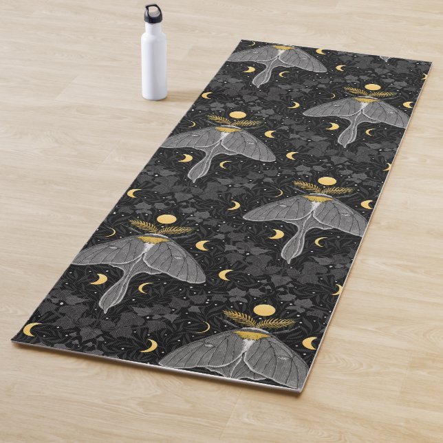 Luna moth, moon phases and ivy damask pattern yoga mat (In Situ)