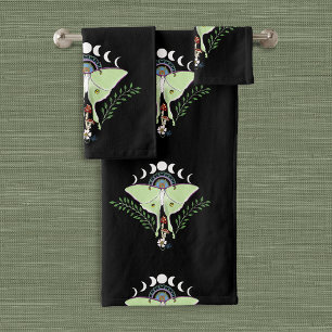 Luna Moth Moon Phases Black Bath Towel Set