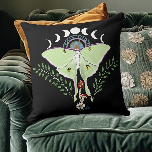 Luna Moth Moon Phases Black Cushion (Creator Uploaded)