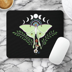 Luna Moth Moon Phases Black Mouse Mat