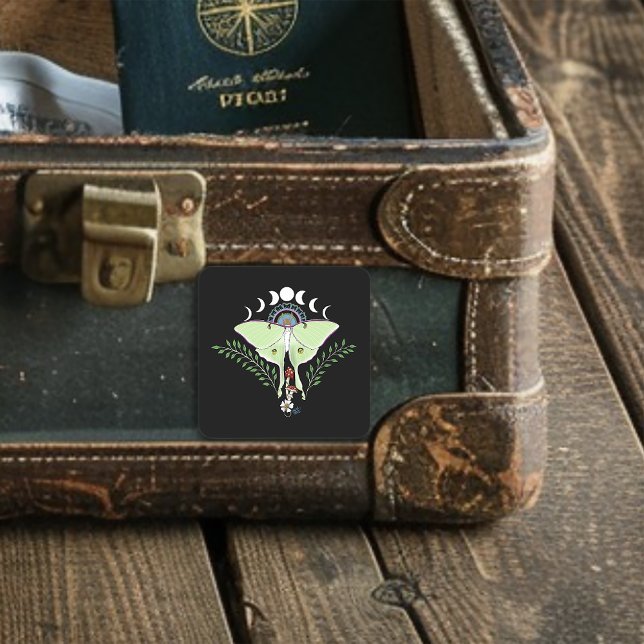 Luna Moth Moon Phases Black Square Sticker (Creator Uploaded)