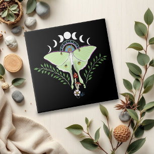 Luna Moth Moon Phases Black Tile