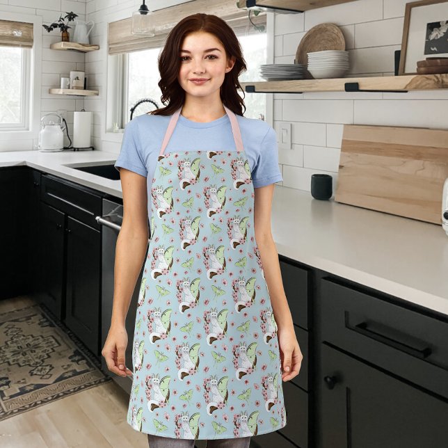 Luna Moth Moon White Cat Green Apron (Creator Uploaded)
