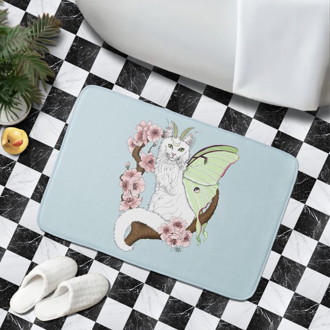 Luna Moth Moon White Cat Green Bath Mat (Creator Uploaded)