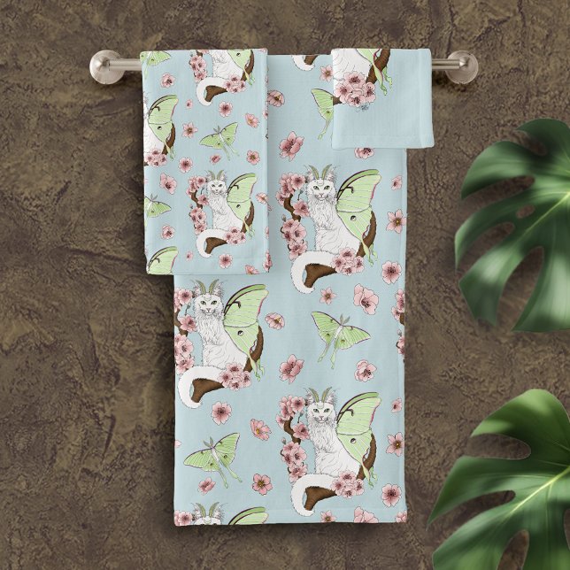 Luna Moth Moon White Cat Green Bath Towel Set (Creator Uploaded)
