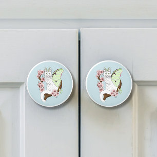 Luna Moth Moon White Cat Green Ceramic Knob