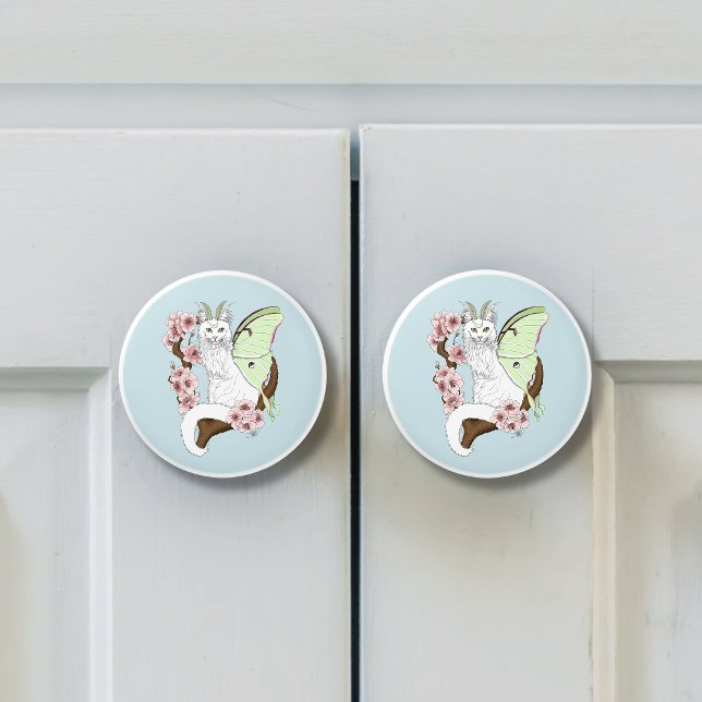 Luna Moth Moon White Cat Green Ceramic Knob (Creator Uploaded)